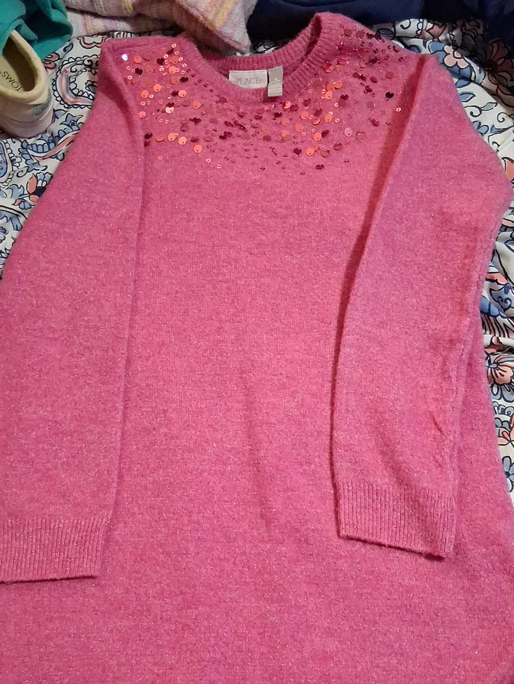 Children's Place Girls Size 16 Rose Pink Sequin Crewneck Sweater